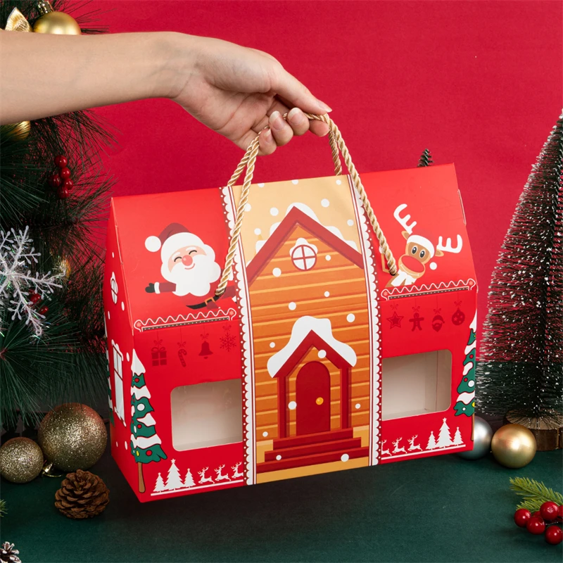 LBSISI Life 4Pcs Christmas House รูปร่างของขวัญกล่องสำหรับทำด้วยมือ Handmade Nougat Candy บรรจุภัณฑ์ขนมขบเคี้ยวคริสต์มาสปีใหม่ Party Favors พร้อมถาด