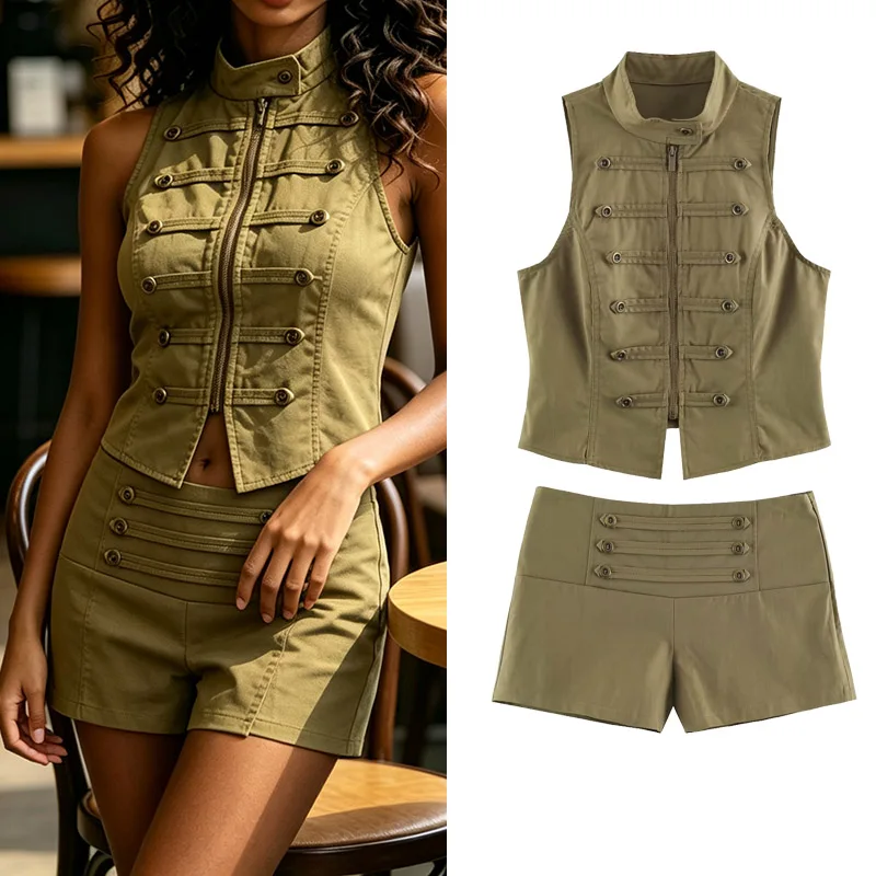 Ensemble 2 pièces chic pour femme toutes saisons : débardeur sans manches et mini-short zippé – Style boutonné pour la plage et les vacances 2026