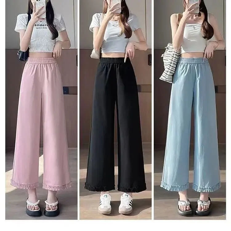 

Korean Style High Waist Straight Leg Pants Women's Loose Casual Ruffle Nine Points Wooden Ear Bordered Casual Trousers