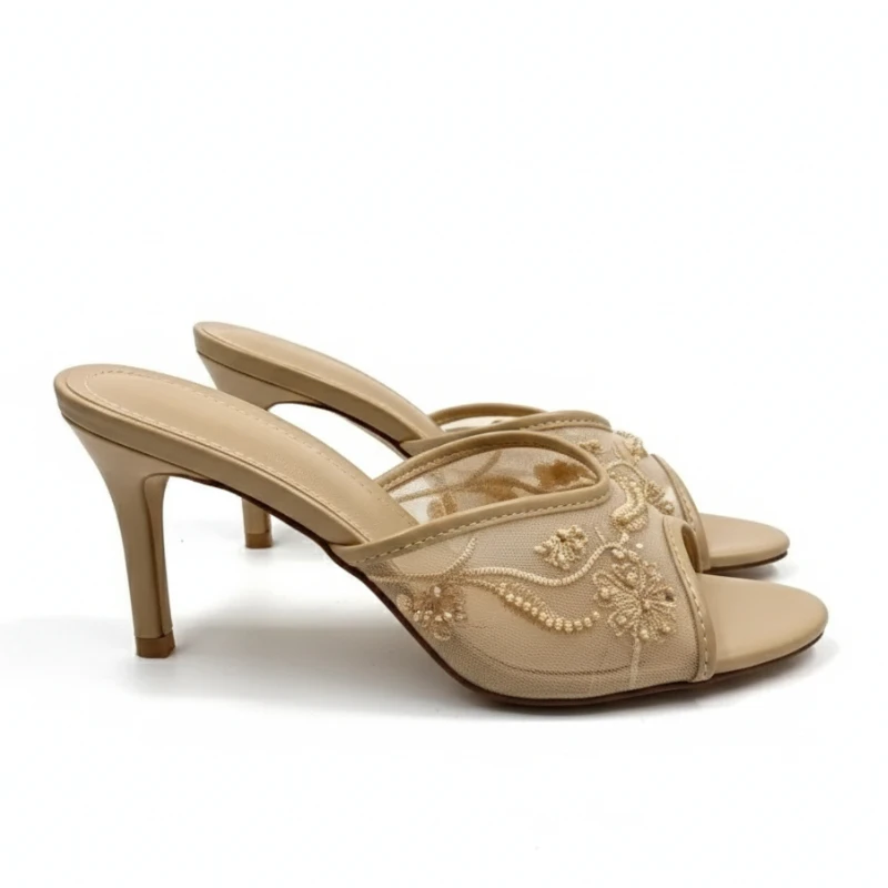 

Luxury Elegant Bridal Wedding Shoes Pearl Embroidered Mules, Women's Mesh High Heel Slip On Sandals for Party & Evening