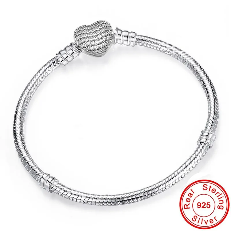 Romantic Original 925 Silver Heart-Shaped Snake Chain Charm Bracelet For Women Brand Bracelet & Bangle DIY Jewelry Making Gift