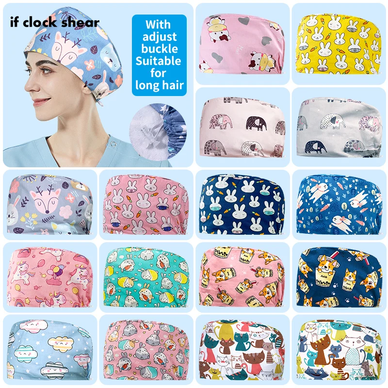 

Scrub Hats for long hair Baotou Caps Pet Scrub Caps Pattern Print Scrubs Hat Women Men Cotton Beautician Chef Cooking Skull Cap