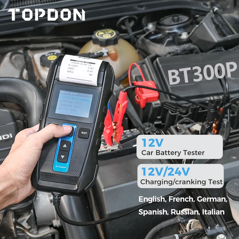 Topdon BT300P Car Battery Tester with Print 12V Car Battery Tester with Printer Battery Load Test for Motorcycle Auto Charger