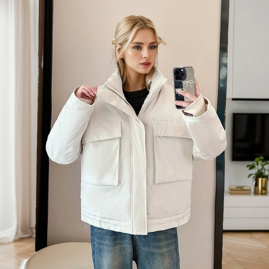 

Women's European American Style down Cotton-Padded Jacket High-End Fashion Thick Winter Coat with Large Pockets Loose Fit