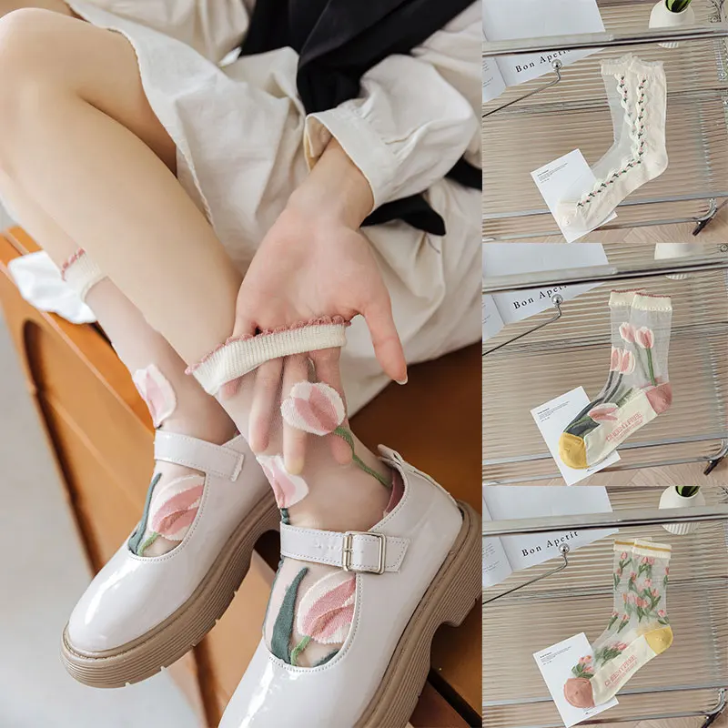 Women Ultra-thin Transparent Crystal Silk Socks Fashion Summer Harajuku Crew Socks Retro Flower Streetwear Elastic Socks