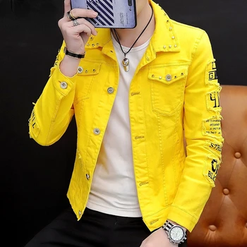 Mens Jacket Lapel Solid Rivet Denim Jacket korean fashion Casual Tight Coat Short Homme Varsity Jacket High-quality Men Clothing