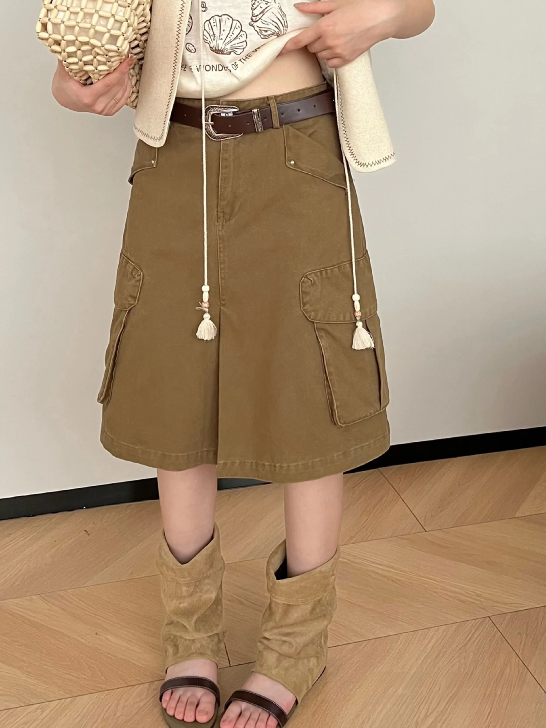 

Джинсовая юбка с высокой талией для женщин, весна-лето, с поясом, 3D-карманами, корейский ретро-стиль, короткая, дышащая, приятная к телу, А-силуэт