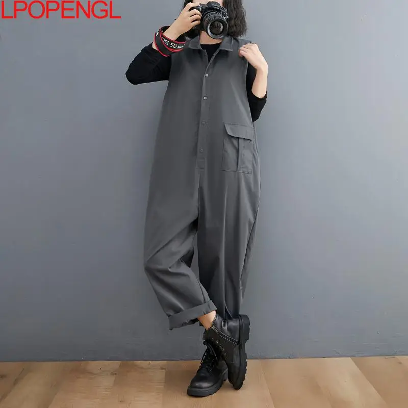 Fashion Simple Rompers Women's 2024 Autumn New Literary Loose Solid Color Cargo Pants Pocket Streetwear Oversized Jumpsuit