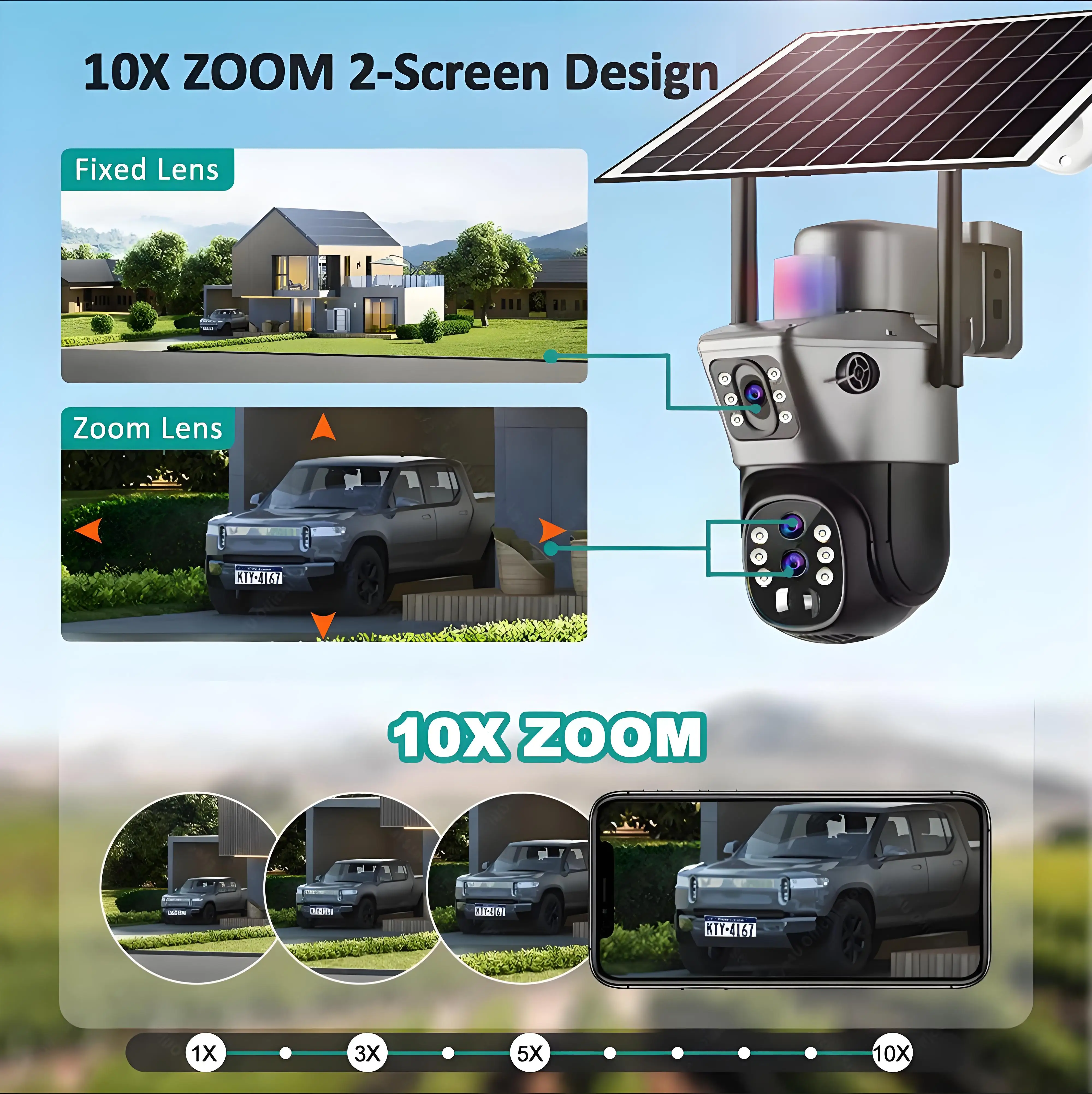 Solar Outdoor Bewakingscamera 4G Sim 6K 12MP Drie Lens 10 Digitale Zoom Draadloze Cctv PTZ IP66 Beveiliging Zonnepaneel Camera's