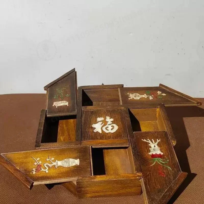 Vintage Rosewood 5-Grid Drawer Puzzle Box Handmade Shell Inlaid Floral Jewelry Storage Box