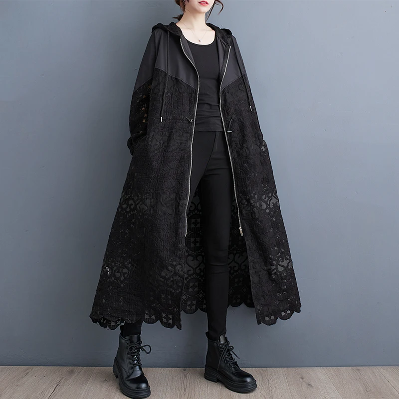 #6859 Black Hooded Trench Coat Women Zipper Loose Split Joint Hollow Out Long Coat Ladies Vintage Outerwear Windbreaker Female 