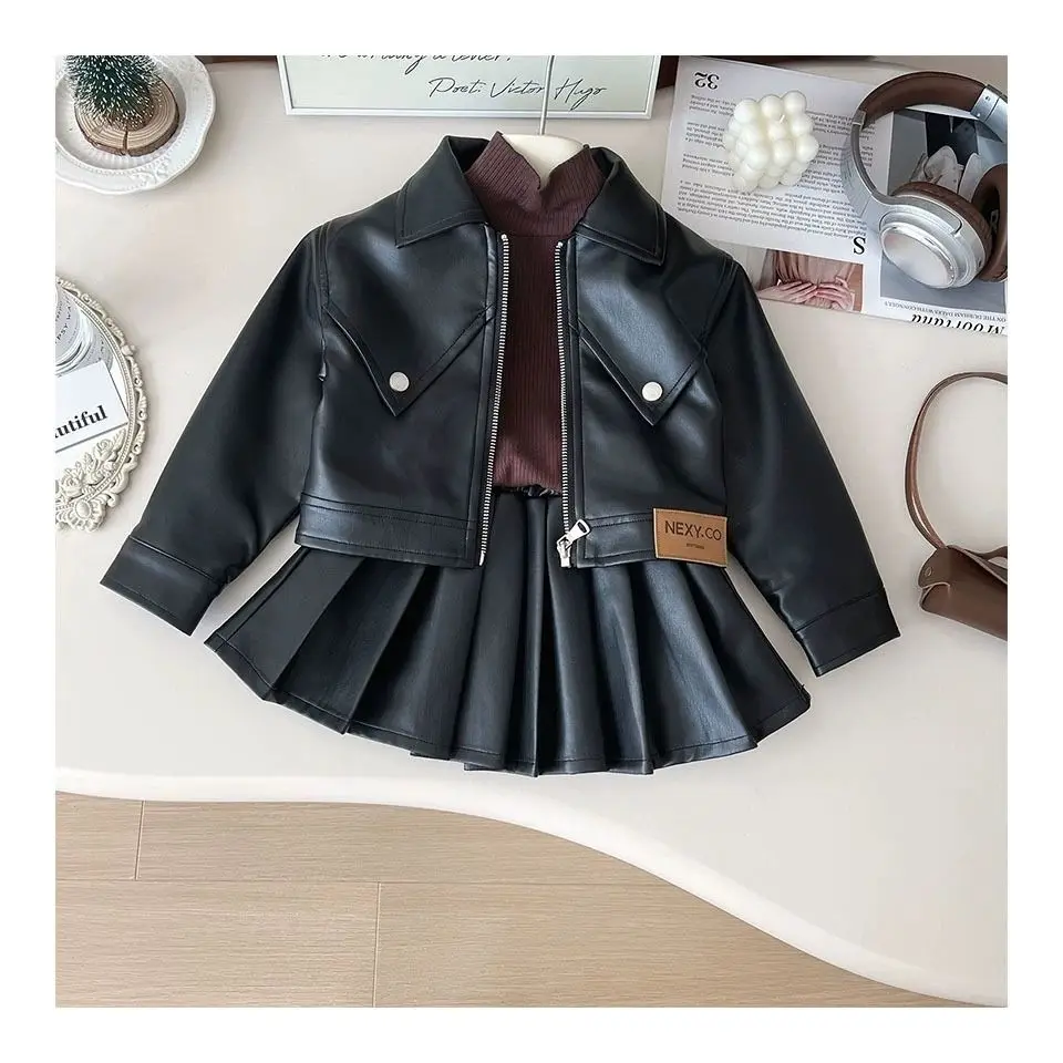 

2025 Autumn New Korean Girls Small Fragrant Style Temperament Leather Jacket Set Baby Pleated Skirt Two-piece Set