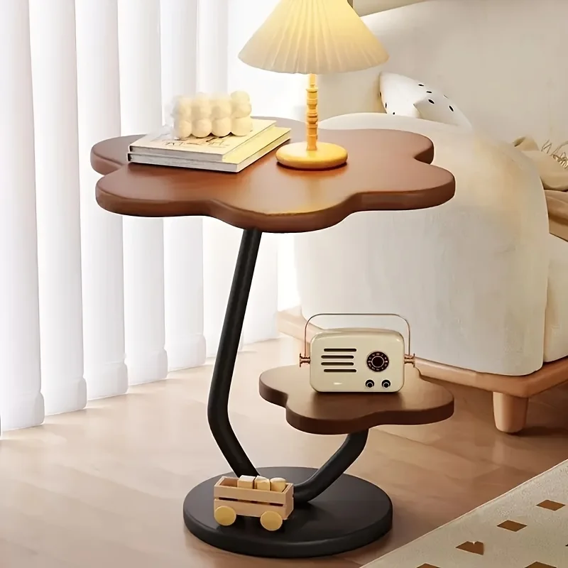 Floral Petal Design Side Table, 2-Tier Cream Accent Table with Metal Base, Minimalist End Table for Living Room Sofa,Small Space
