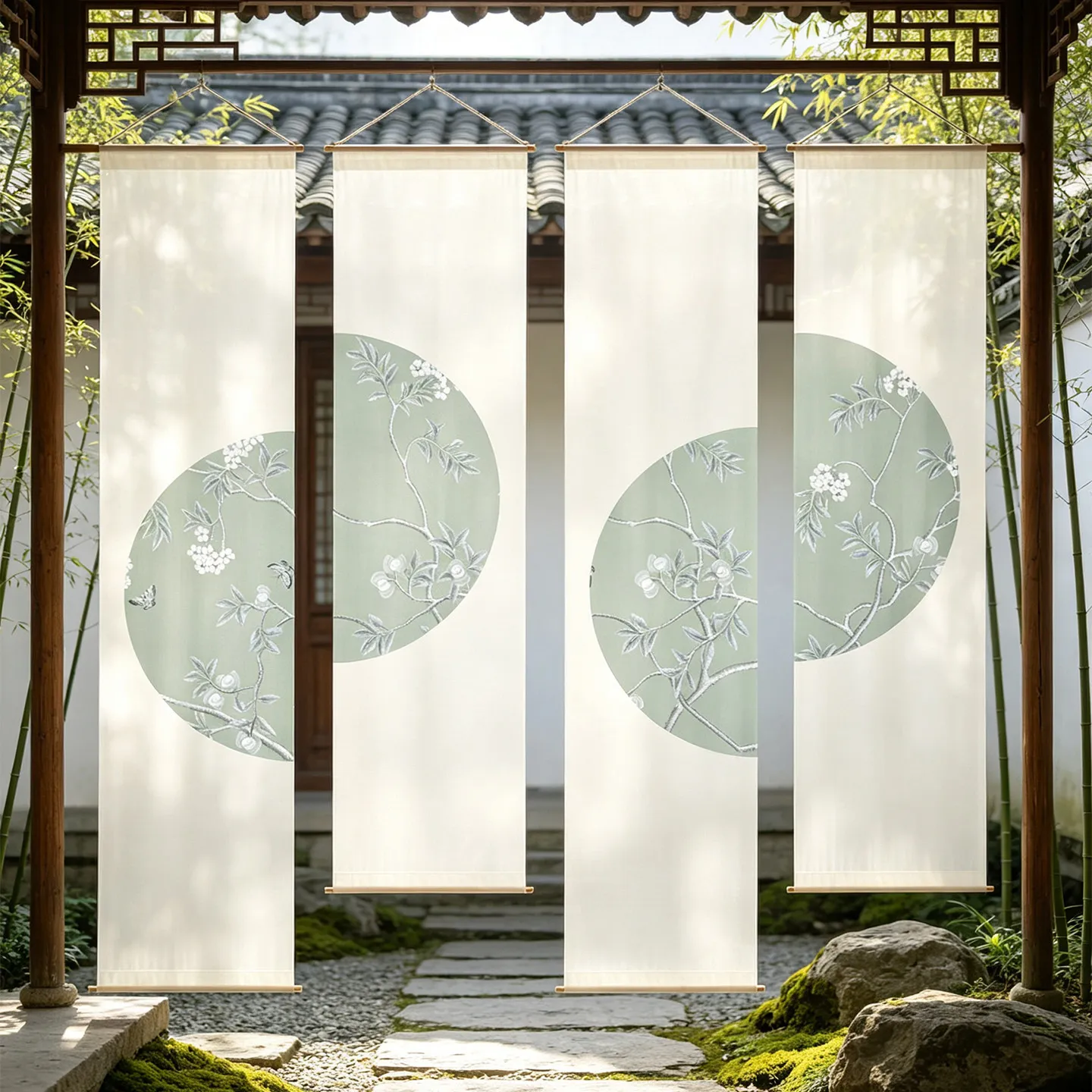 Japanese Floral Bird Hanging Room Divider – Semi Transparent Sheer Gauze Curtain for Tea Room, Tatami, Courtyard & Ryokan Inn