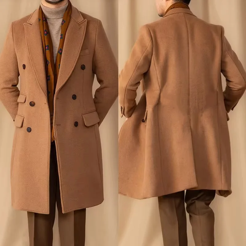 เสื้อโค้ทผู้ชายแฟชั่นทรงเข้ารูปแบบกระดุมสองแถว ผ้าผสมขนสัตว์ สีดำ/น้ำตาล สั่งตัดได้ ความยาวปานกลาง ทรงสลิม ใส่ได้ทั้งฤดูหนาวและในโอกาสทางการหรือลำลอง