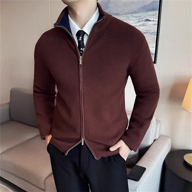 High Quality Knit Cardigan Men Autumn Winter Stand Collar Casual Knitted Sweatercoat Mens Solid Color Warm Sweater Jacket Man