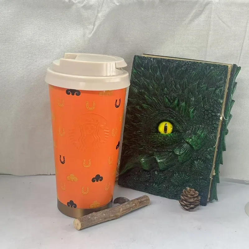 Caneca de Aço Inoxidável Starbucks Orange Horseshoe 355ml, Copo de Viagem Durável e Isolado com Estampa de Nuvem, Ótimo Presente para Amantes de Café