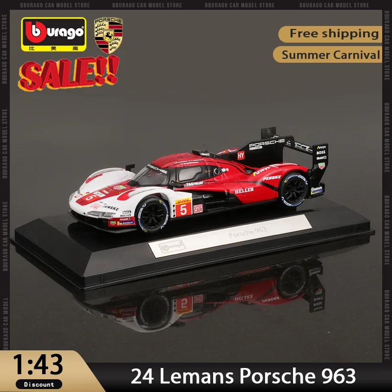 New In Stock 2024 Bburago 1:43 24h Le Mans Porsche 963 Alloy Miniature Acrylic Packaging Porsche 963 Diecast Model Toy Car Gift