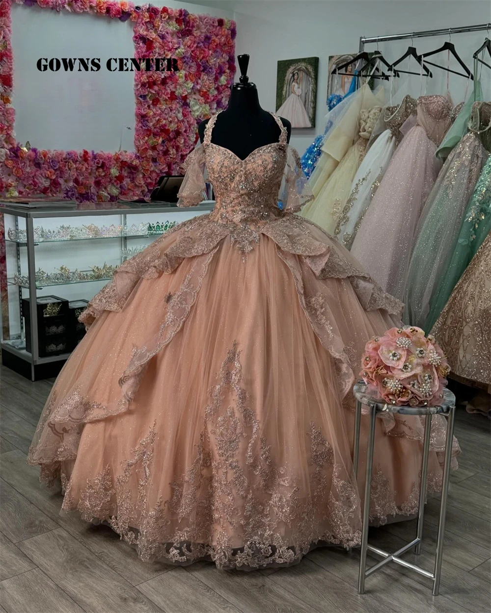 Smashing Light Orange Halter Quinceanera Dresses 2026 Ball Gown Beaded Applique Ruffle 15 Years Old Dress Mexican Customized
