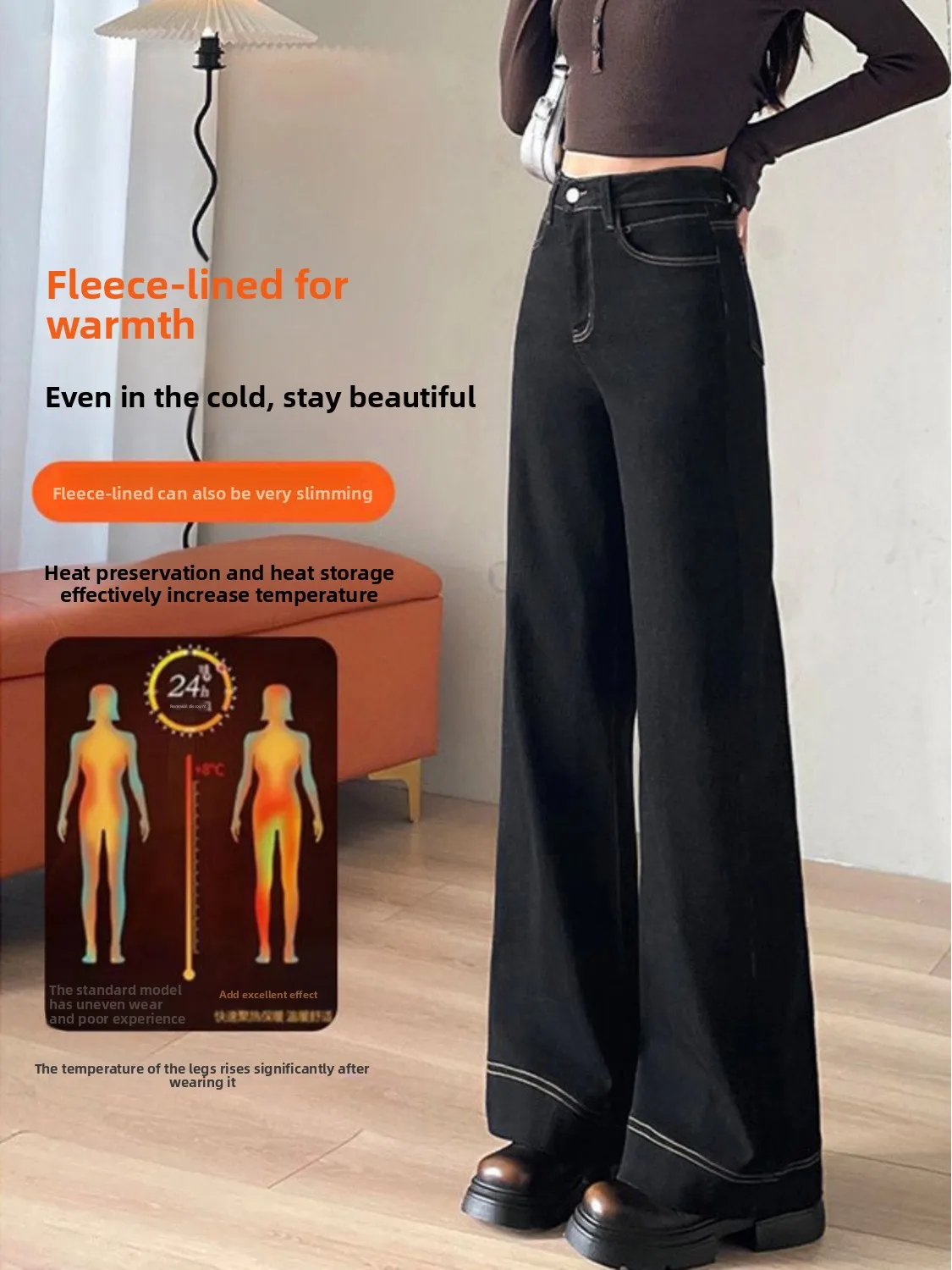Women's High Waist Wide Leg Jeans Fleece Lined Warm Denim Pants Contrast Stitching Cuffed Hem Winter Jeans