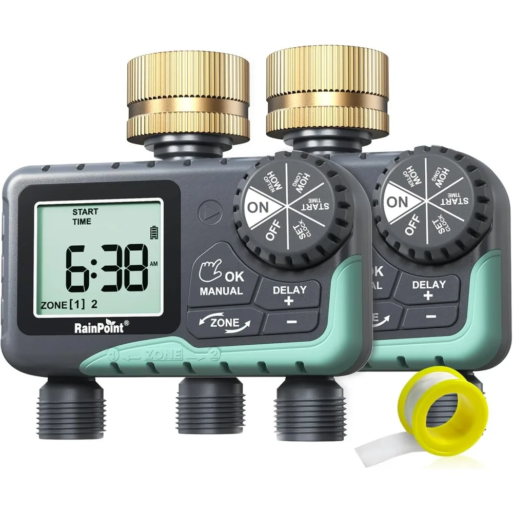 

2 Zone Sprinkler Timer with Brass Swivel - 2pcs Water Timer for Garden Hose with Rain Delay/Manual Watering/Automatic Irrigatio