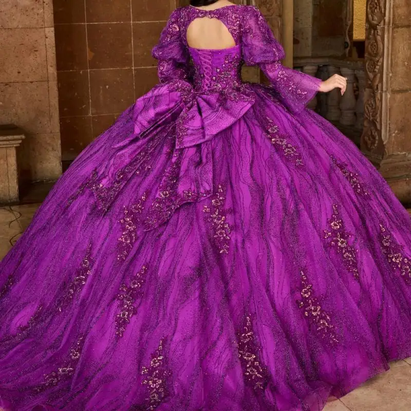 Fuchsia Quinceanera Dress Ball Gown Puffy Long Sleeve Lace Applique Sequins Beaded Bow Sweet 16 Vestido De 15 Anos