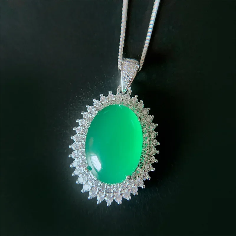 

S'rJewelry S925 Silver Tiktok Hot Sale Emerald Green Chalcedony Pendant Ring Earring Set