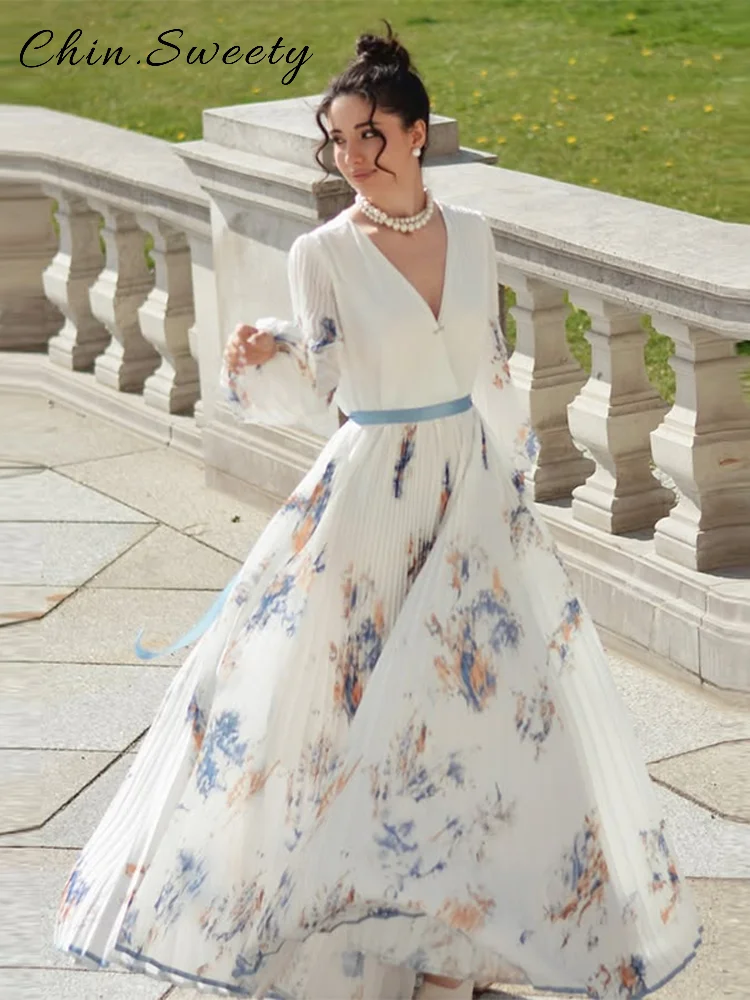 Elegant Printed Long Pleated Dress Women Deep V-neck Full Sleeve Ruched Dresses Female 2025 Summer Lady Vacation Holiday Robes