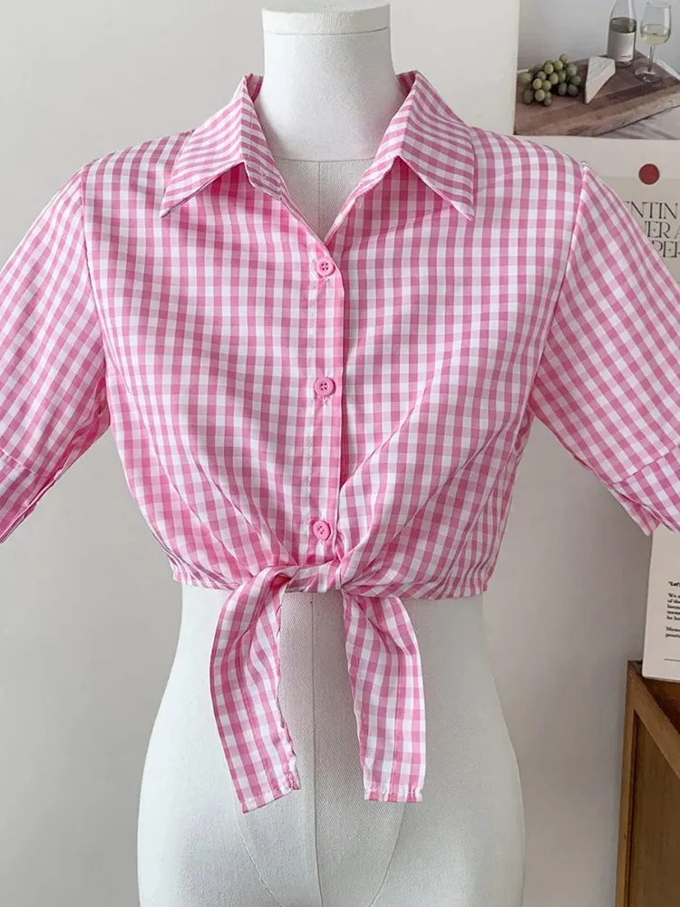 Sexy Cropped Plaid Shirt Women Slim Preppy Style Short Sleeve Design Blouse Fashion Lace Up Sweet Summer Lady Korean Casual Tops - view 3