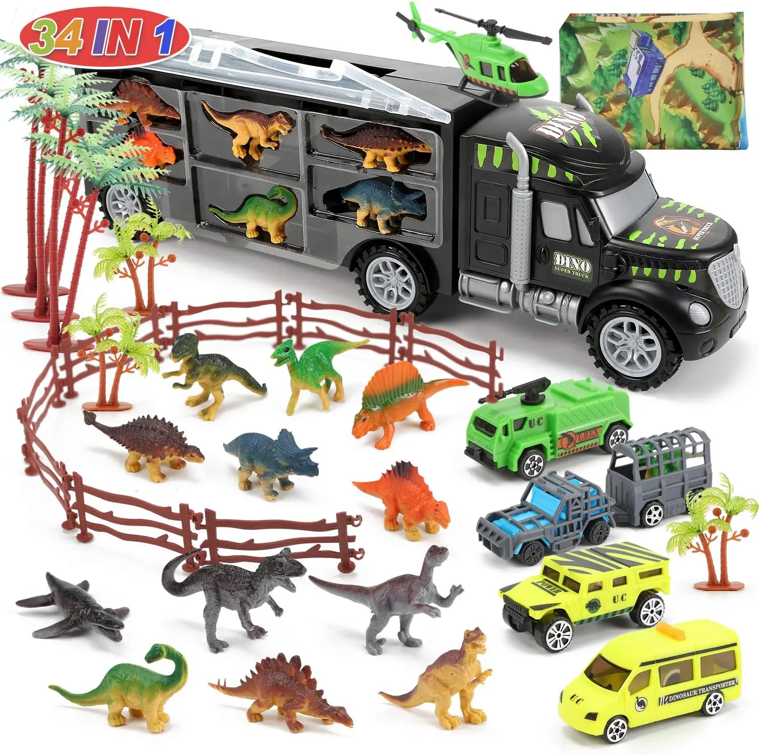 Voiture de transport D37Electrolux avec 12 mini figurines de dinosaure et 4 voitures, jouet de parc D37, cadeau de Noël pour les garçons de 3 ans et plus