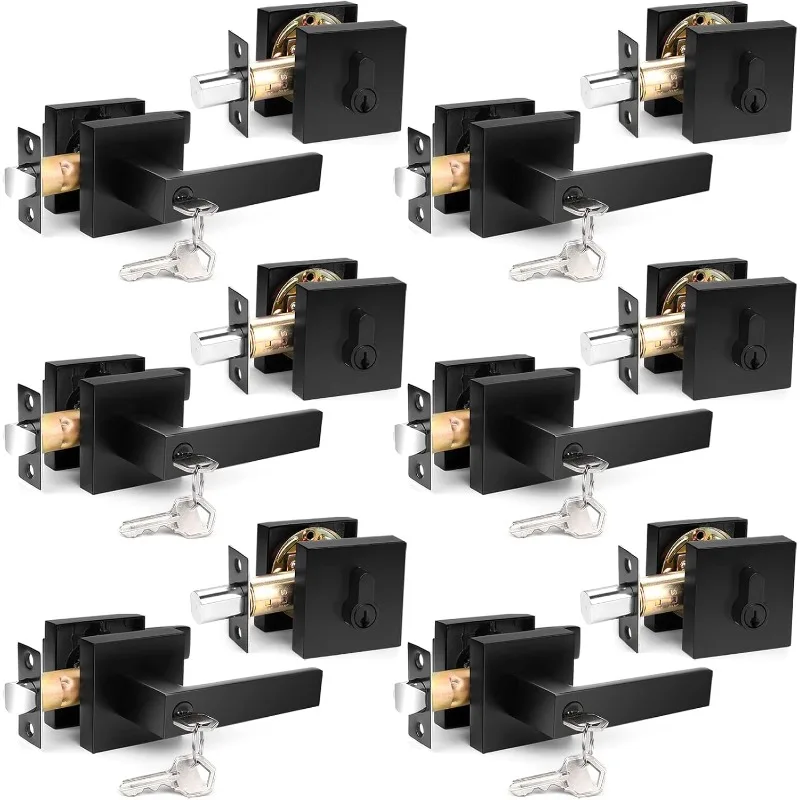 Flat Black Entry Lever Lock Set and Single Cylinder Deadbolt Keyed Combination Set, 6 Pack (All Keyed Identically)