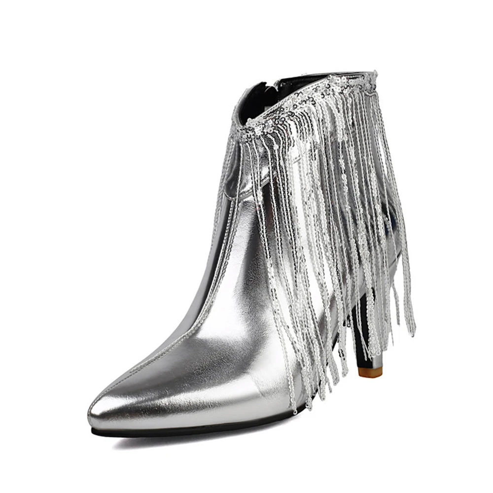 

Женские ботильоны большого размера, яркие блестящие блестящие серебряные туфли с блестками и кисточками на высоком каблуке, вечерние свадебные туфли L9-51