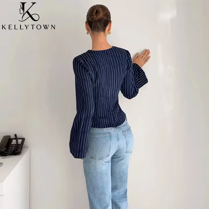 2026 Autumn New Women's Striped Collared Shirt Office Lady Asymmetric Navy Wrap Blouse Female Chic Slim Long Sleeve Shirt Tops