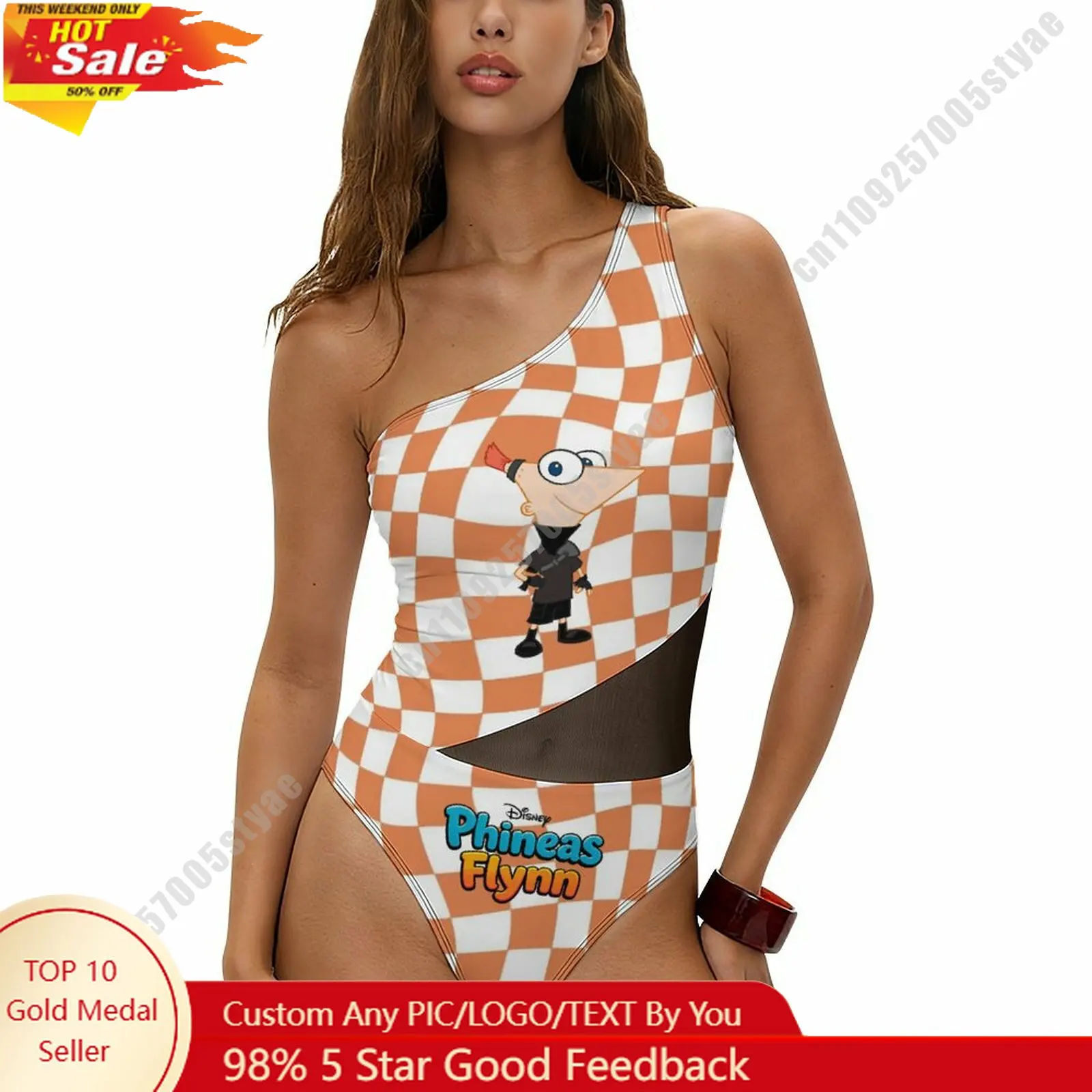 

Phineas Flynn Swimsuit Disney Personalized Custom Print One Piece Swimwear Sheer Mesh Cutout Bathing Suit Beachwear Holiday Gift