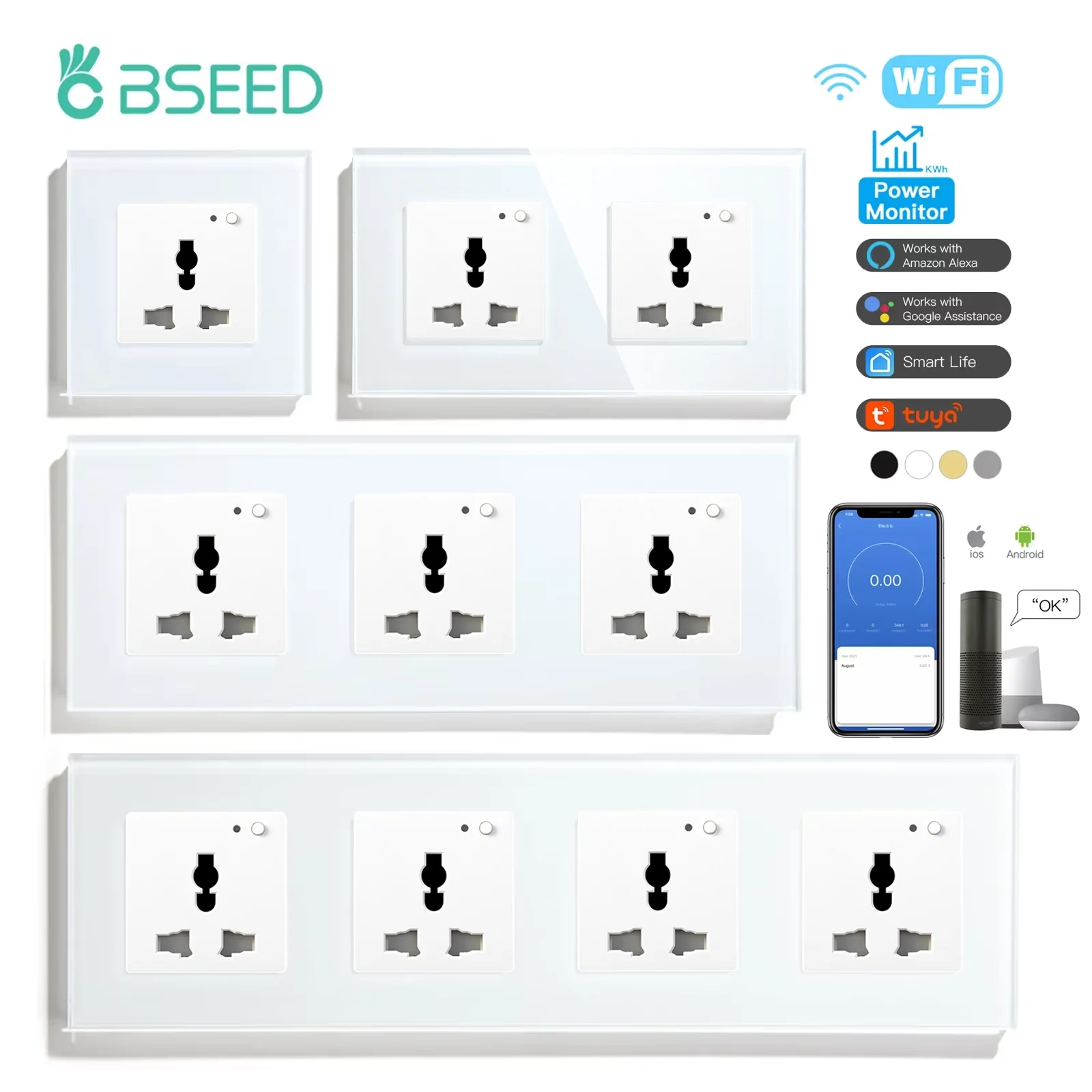 BSEED Wifi Multi-Function Socket Smart Universal Power Socket Wall Electric Socket Tuya Smart Life Google Alexa Voice Control