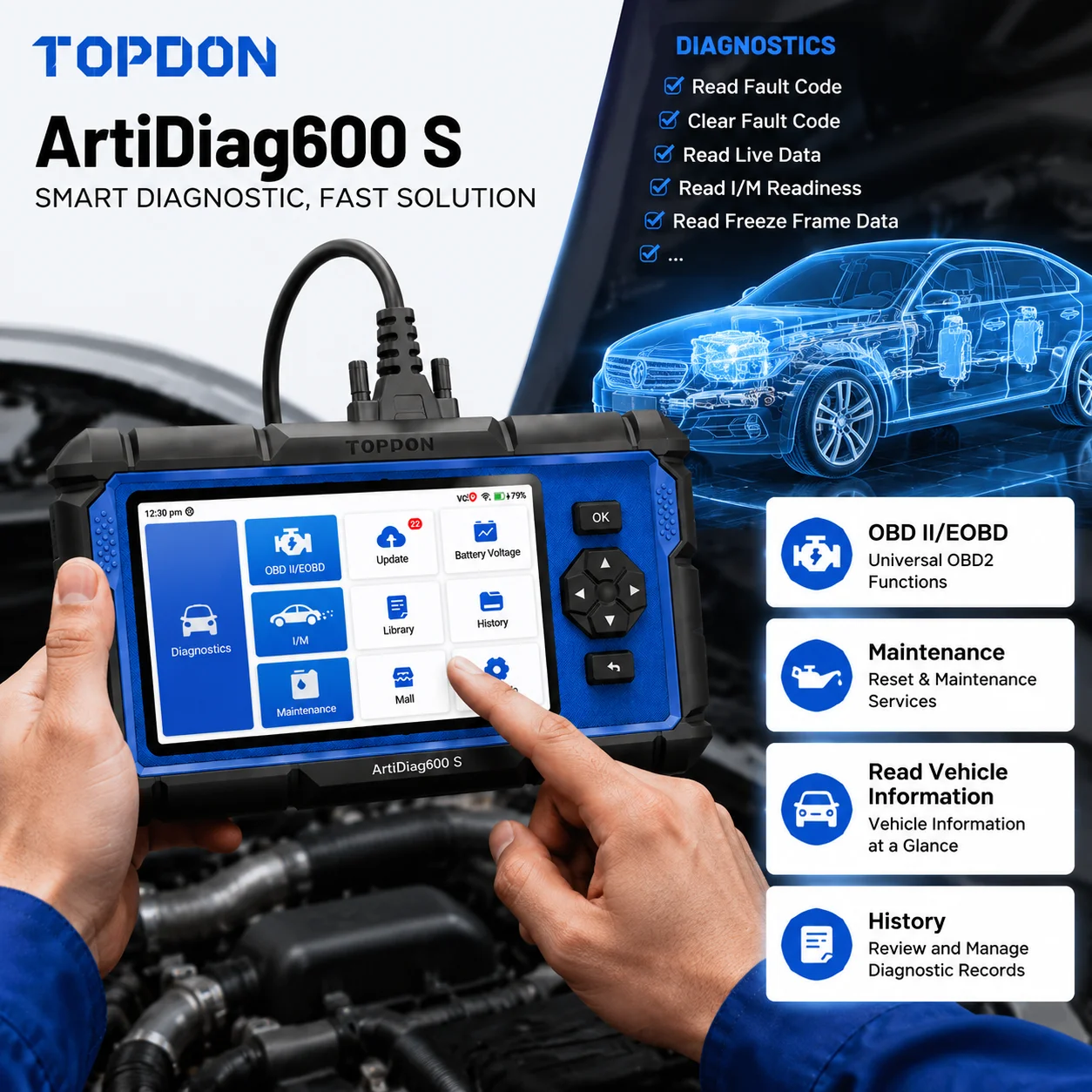 TOPDON AD600S Car Diagnostic Tool 4 System Automatic OBD2 Scanner 9+ Reset Functions with CANFD  Protocol Lifetime Free Update