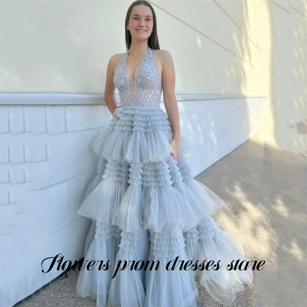 

Flowers Light Blue Party Dress Halter Neck Evening Dress with Ruffled Layers 프롬 드레스 Voluminous Tulle Gala Dress Customized