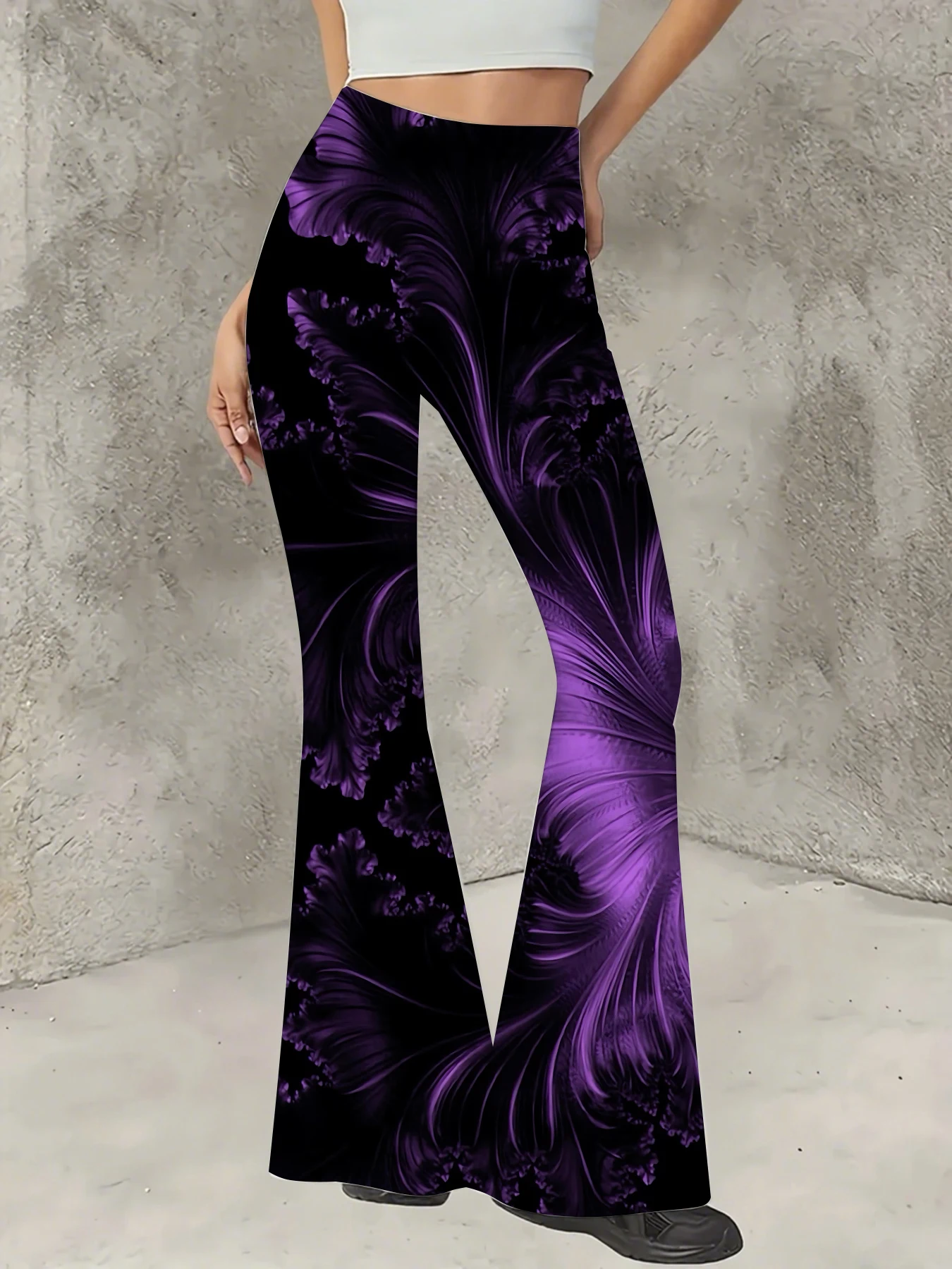 

Y2K Graphic Print Flare Pants Women High Waist Knit Bell Bottom Trousers