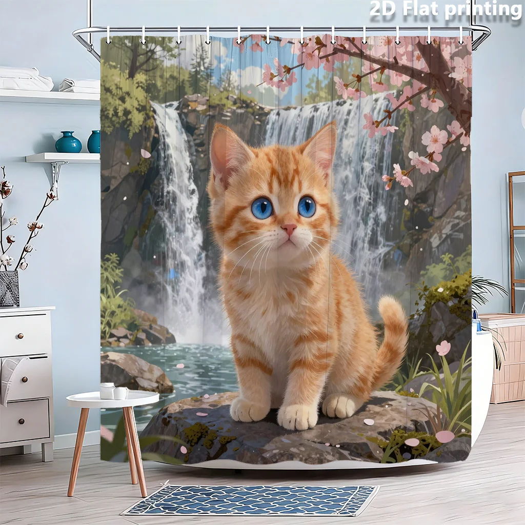 

Waterproof Cat Waterfall Shower Curtain Bathroom Decor Floral Blossom Spring Nature Kitten Pet Shower Liner Polyester