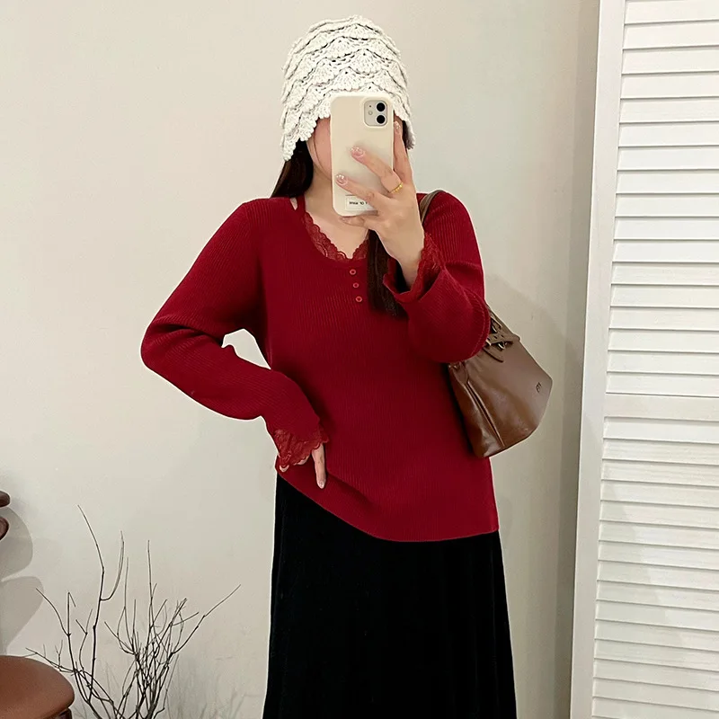 

Large Size Women's Design Sense Splice Lace Top Sweater Ele Knitted irt Winter Boting 2025 Sweet Sle V-Ne L...