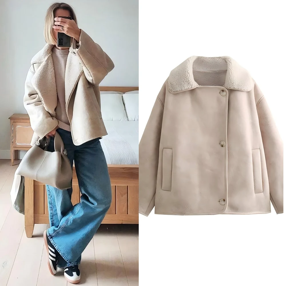 

Women's new fashion loose single breasted warm Suede Leather jacket retro long sleeved side pocket women's jacket chic top