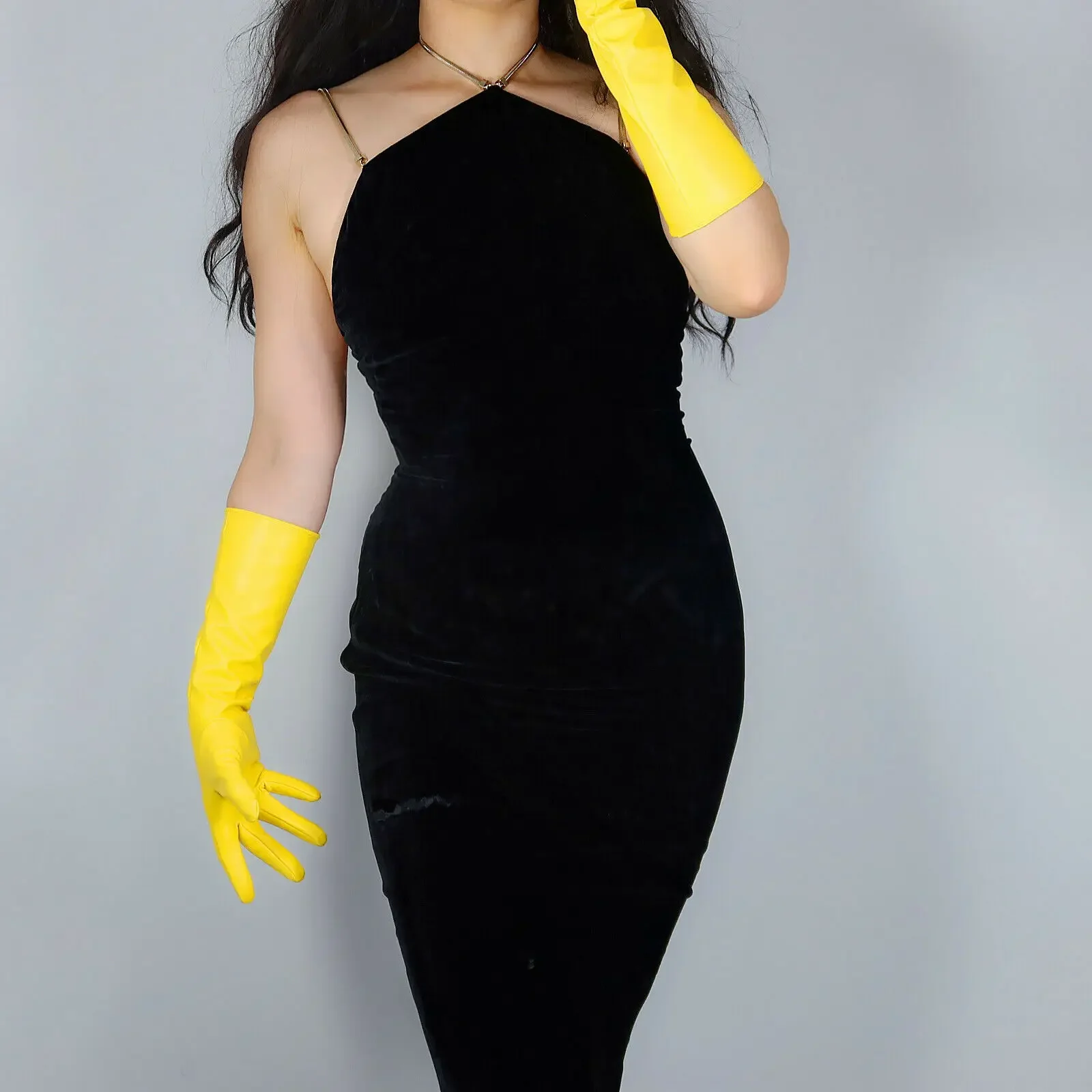 Bright Yellow GLOVES 40cm Elbow Long Faux PU Length Banana Yellow Christmas Party Costume Cosplay Evening Glove view 5