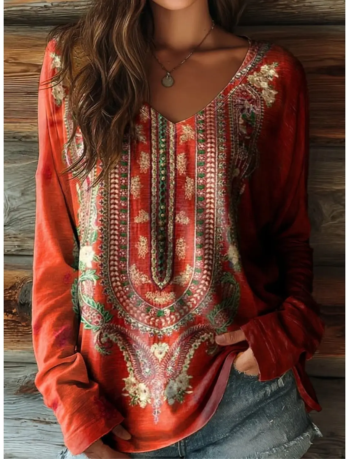 Vintage Women's T-Shirt Floral Graphic Plants Elegant Fashion Tee Long Sleeve T-shirts V-Neck Regular Tops Pullover Fall Winter