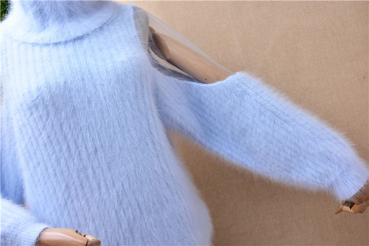 Fall Winter Clothing Female Women Hairy Mink Cashmere Knitted Off Shoulder Sleeves Turtleneck Striped Loose Pullover Sweater Top