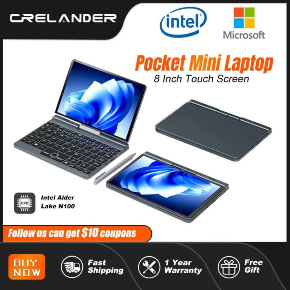 CRELANDER P8 Laptop Mini, Notebook Tablet layar sentuh 8 inci Intel Lake N100 12GB DDR5 WiFi 6 2 In 1 untuk Laptop saku PC