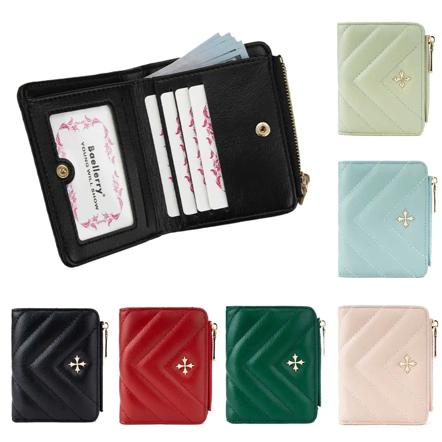 Cross Pattern Zipper Button Women's Short Wallet Fashion Quilted PU Leather Coin Purse Multi-Card Holder