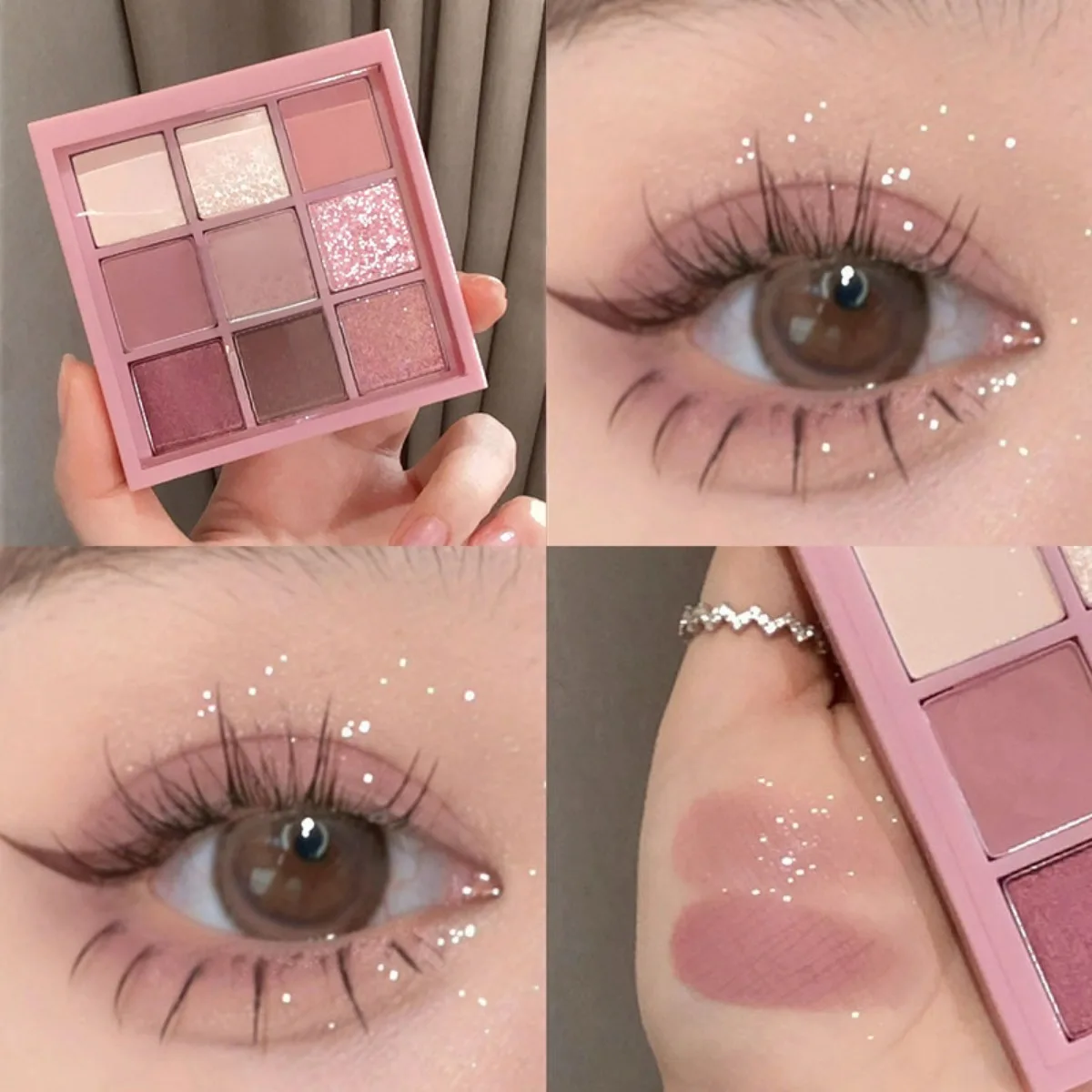 9색 아이섀도우 팔레트: 스모키 핑크 로즈, 펄 & 매트, 파인 텍스처, 흘러내림 없음. 축제, 학교, 결혼식, 일상생활에 적합합니다.