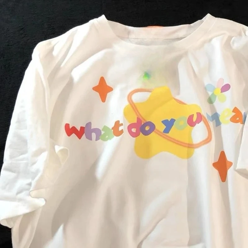 Hand-painted T-shirts Women Loose Summer Kawaii Basic Korean Style Ins Students Fashion Ulzzang Simple All-match  Chic O-neck