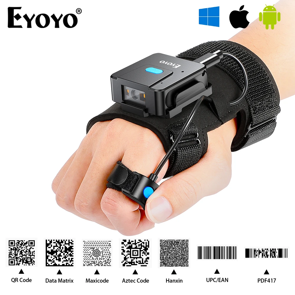 Eyoyo EY-027 สวมใส่ 1D/2D QR Code Reader บลูทูธแบบพกพา Barcode Scanner Finger Trigger ปุ่มสแกนเพิ่ม Prefix/Suffix