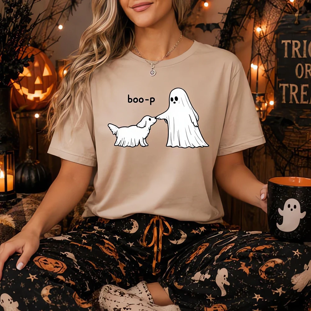 2026 Cute Ghost Dog Shirt Boo-P Halloween Crewneck Funny Dog Lover T-Shirt Spooky Season Dog Mom Tees Pet Owner Halloween Gift